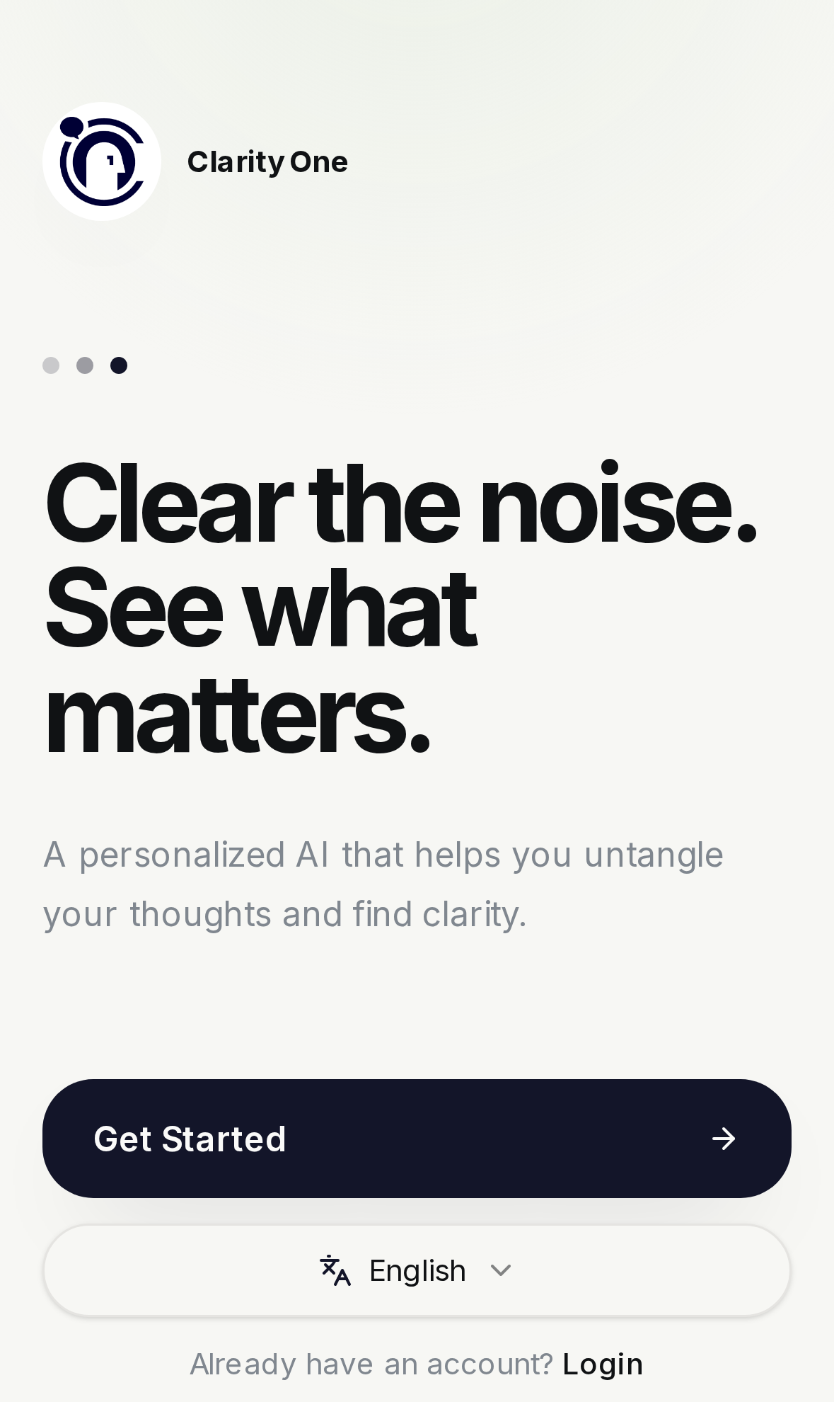 ClarityOne onboarding screen with a language selector showing English and other supported languages