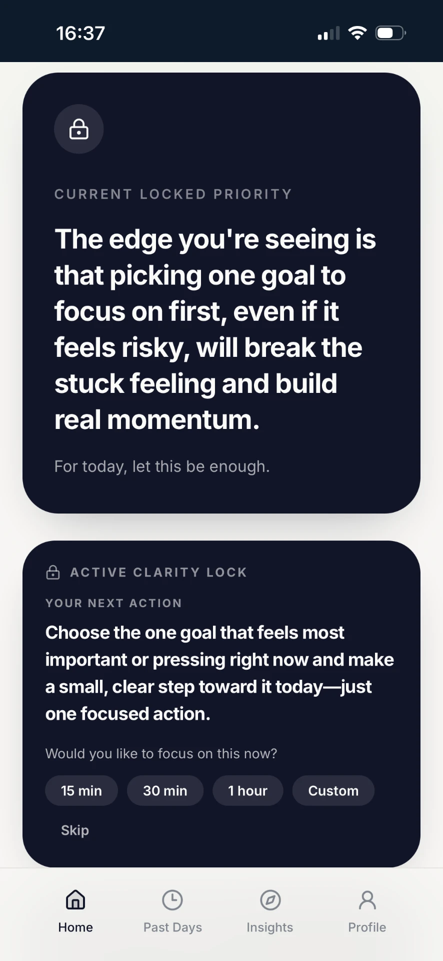 ClarityOne locked priority screen with a focused next action and timer