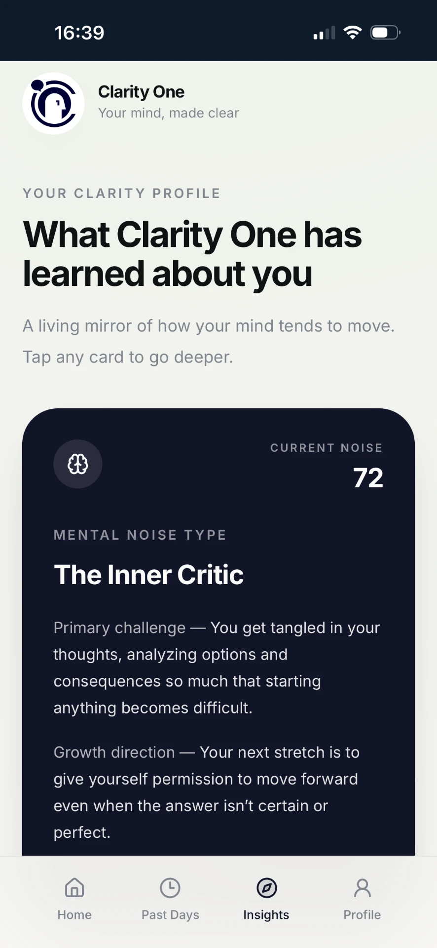 ClarityOne clarity profile screen
