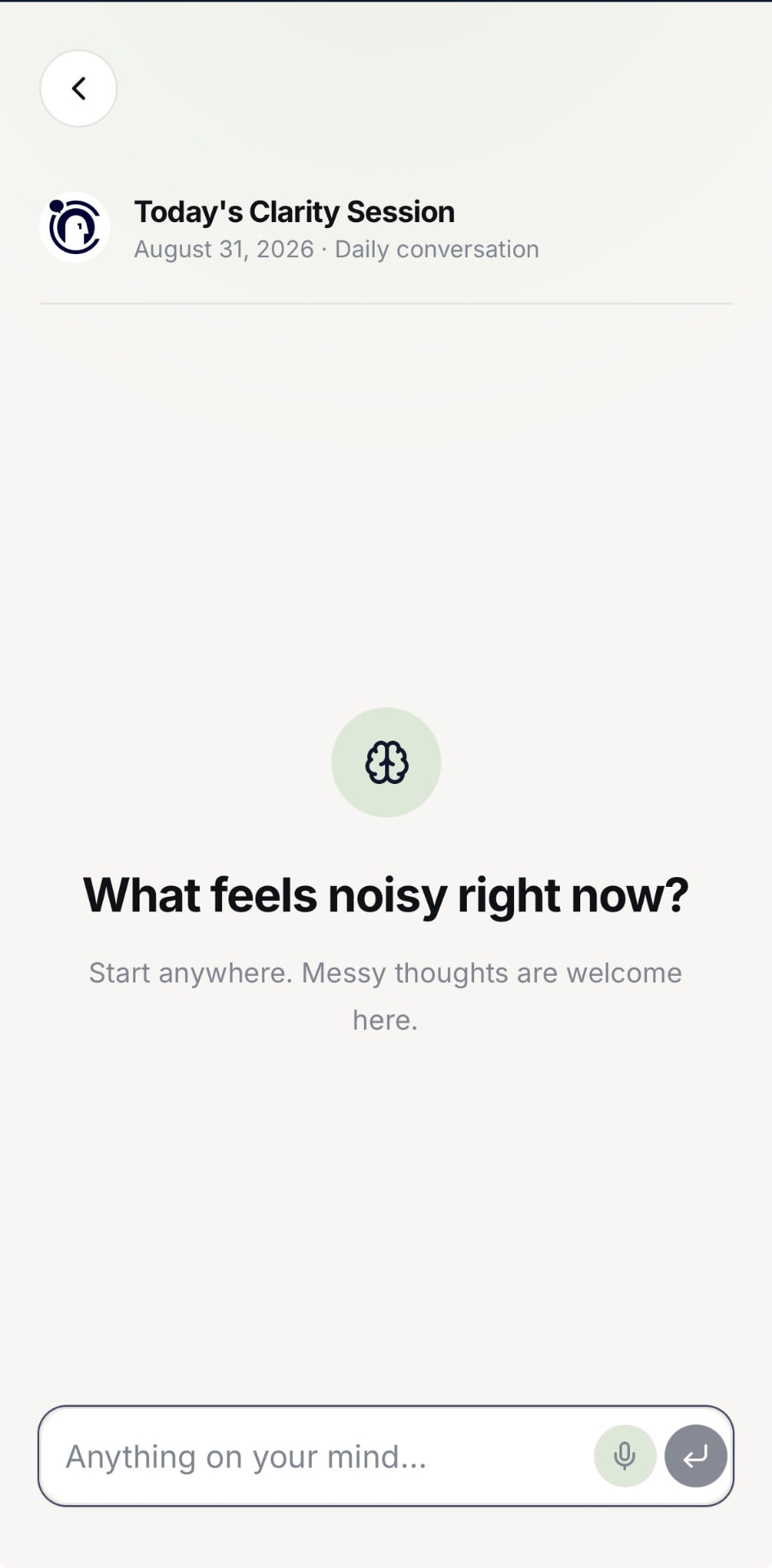 ClarityOne session screen inviting you to share what feels noisy