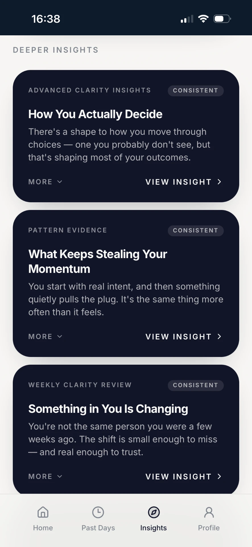 ClarityOne deeper insights list showing recurring patterns and weekly reviews